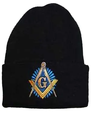 Mason Winter Hat, Black Beanie with Masonic Logo Emblem, Cuffed Ski Cap, Knitted Skullie Skully