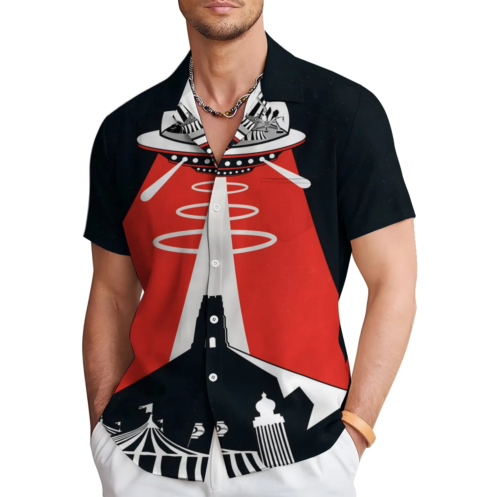 Men's Glastonbury Festival Inspired Art Print Casual Short Sleeve Shirt 2404000923