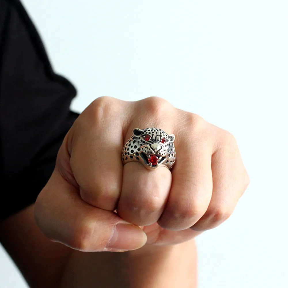 Men's Punk Real Solid 925 Sterling Silver Ring Leopard Animals Gothic Jewelry Size 7-11