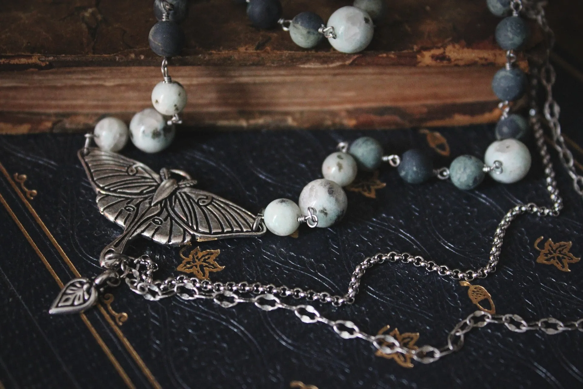 Moss & Moth Wings | Luna Moth. Asymmetrical Gemstone Necklace.