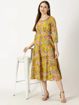 Mustard Tropical Print Boho Cotton Dress