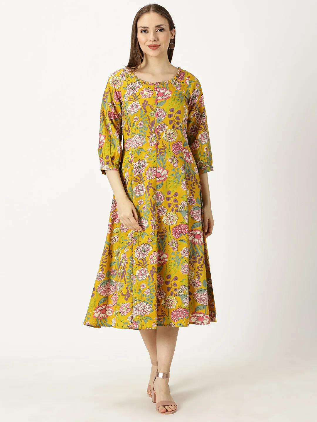 Mustard Tropical Print Boho Cotton Dress