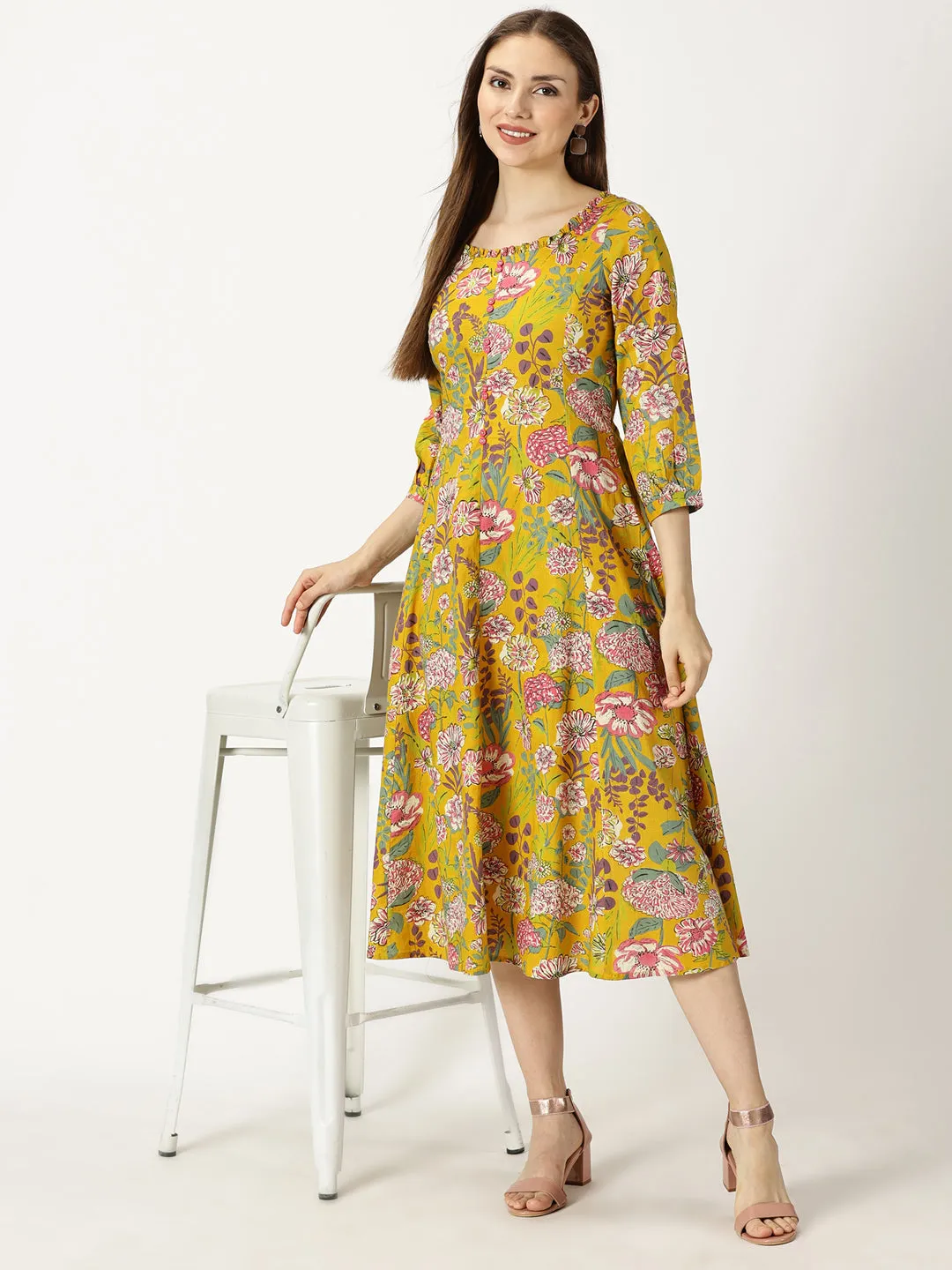 Mustard Tropical Print Boho Cotton Dress