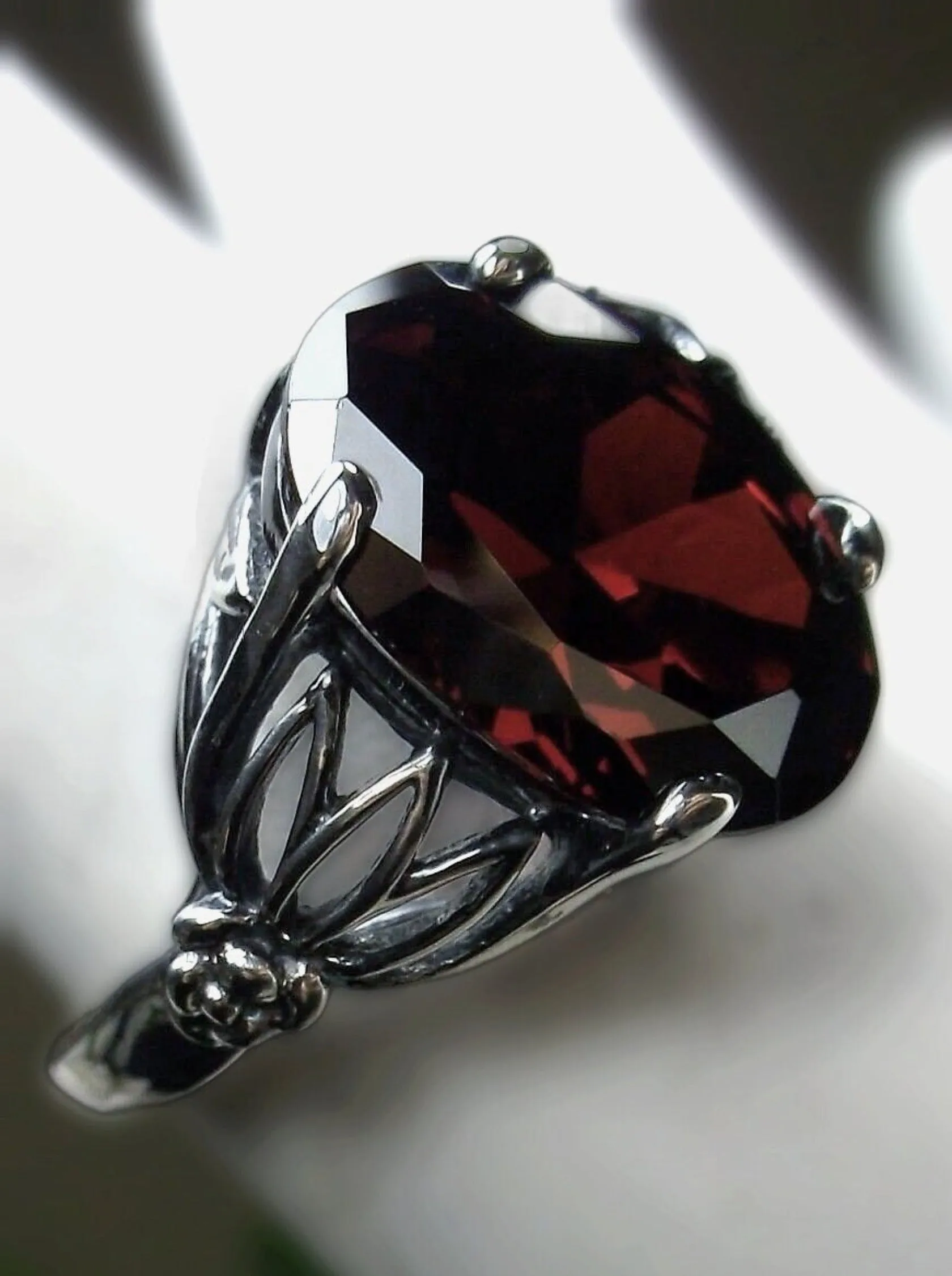 Natural Garnet Ring in Sterling Silver, Oval Cut Gem, Leaf Filigree - Gothic Fine Jewelry D122