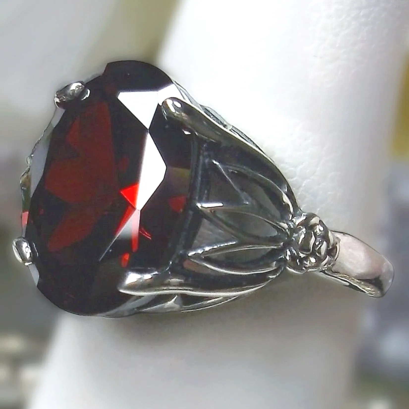 Natural Garnet Ring in Sterling Silver, Oval Cut Gem, Leaf Filigree - Gothic Fine Jewelry D122