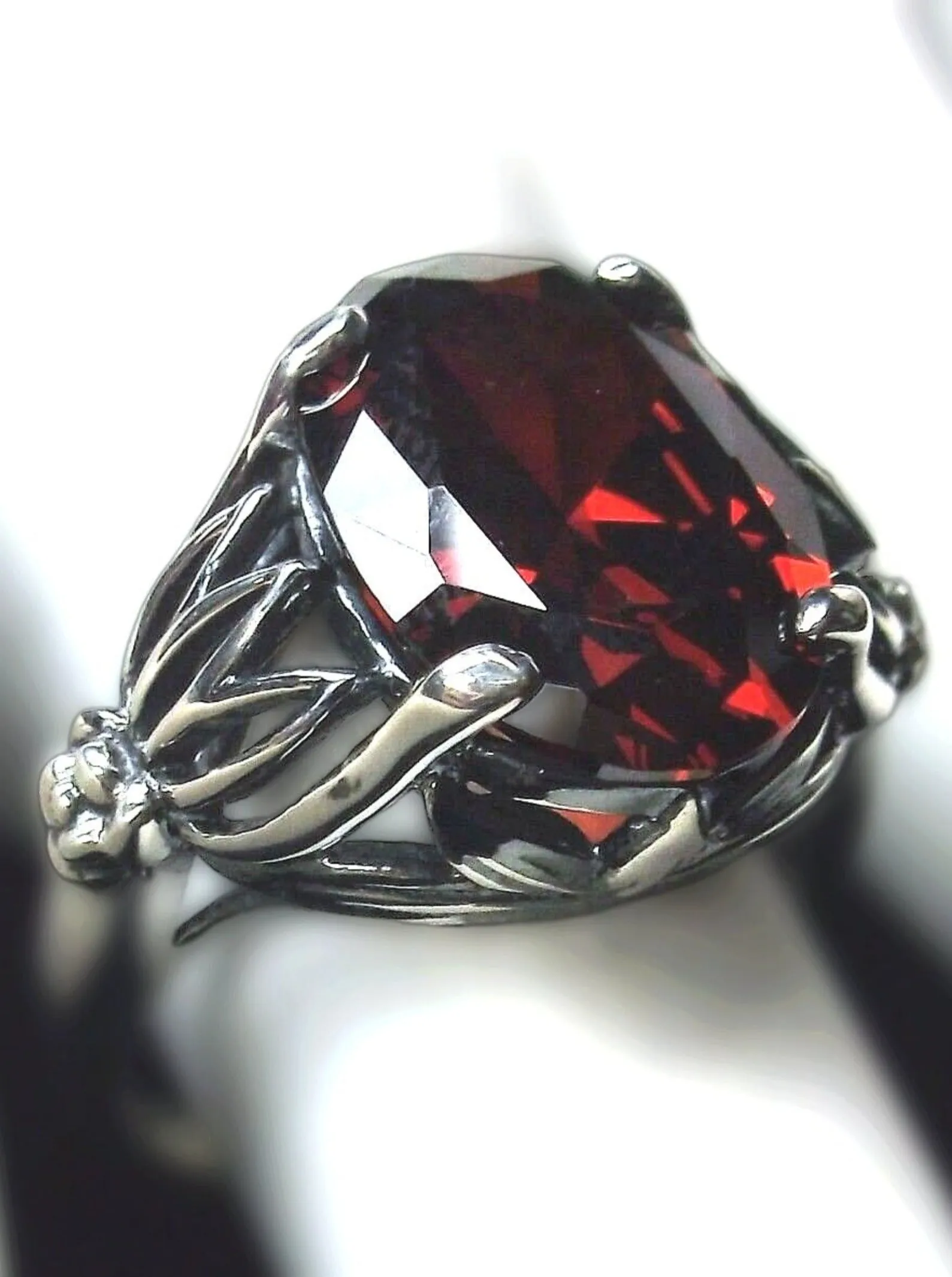 Natural Garnet Ring in Sterling Silver, Oval Cut Gem, Leaf Filigree - Gothic Fine Jewelry D122