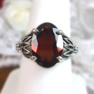 Natural Garnet Ring in Sterling Silver, Oval Cut Gem, Leaf Filigree - Gothic Fine Jewelry D122