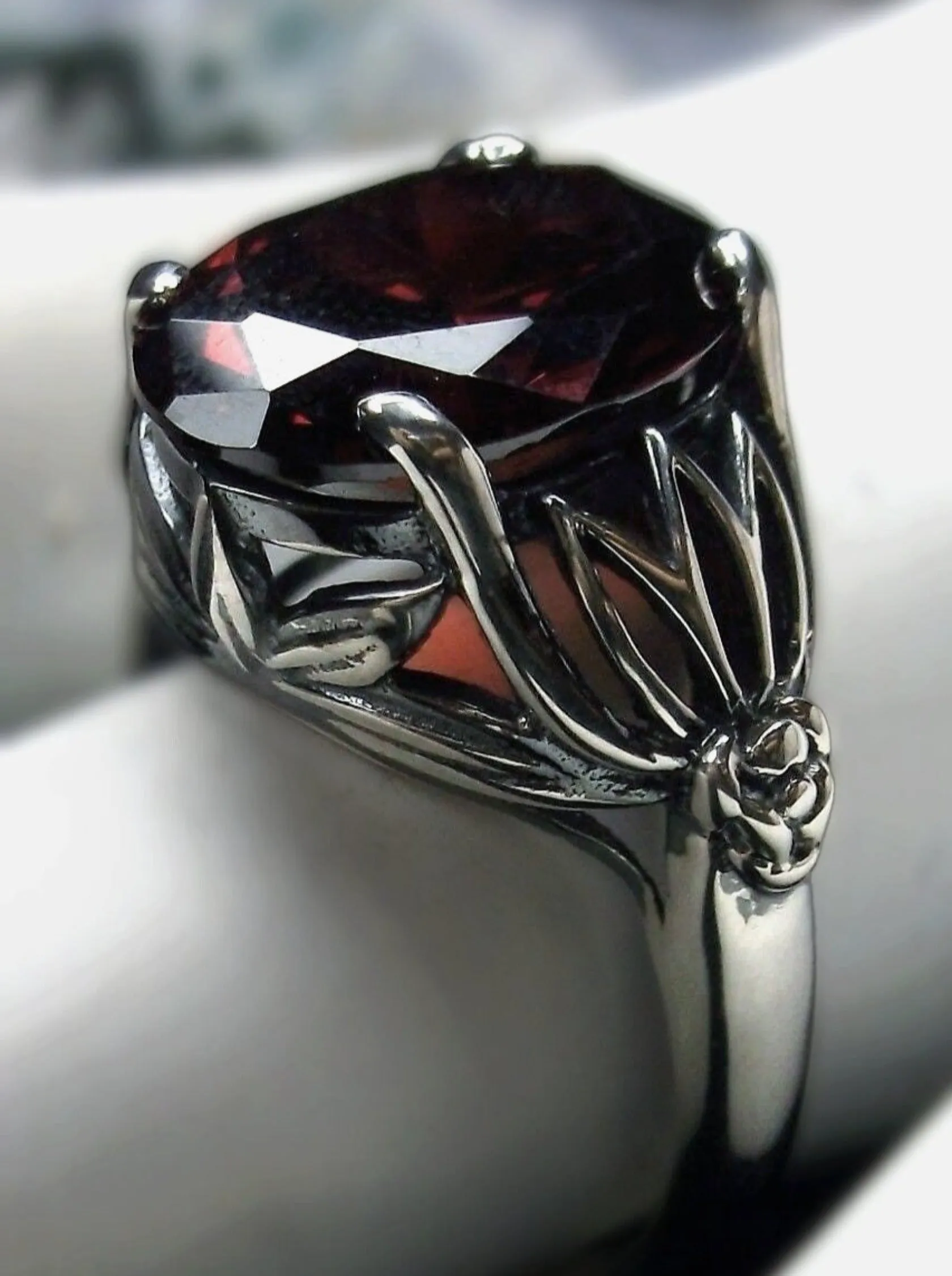 Natural Garnet Ring in Sterling Silver, Oval Cut Gem, Leaf Filigree - Gothic Fine Jewelry D122