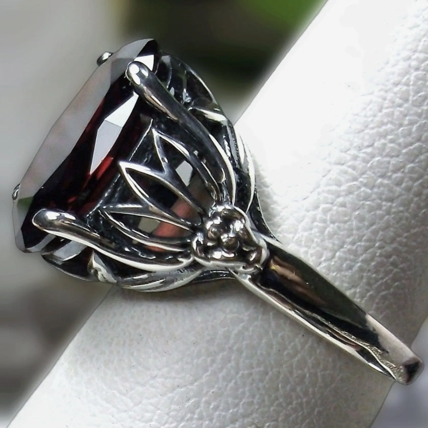 Natural Garnet Ring in Sterling Silver, Oval Cut Gem, Leaf Filigree - Gothic Fine Jewelry D122