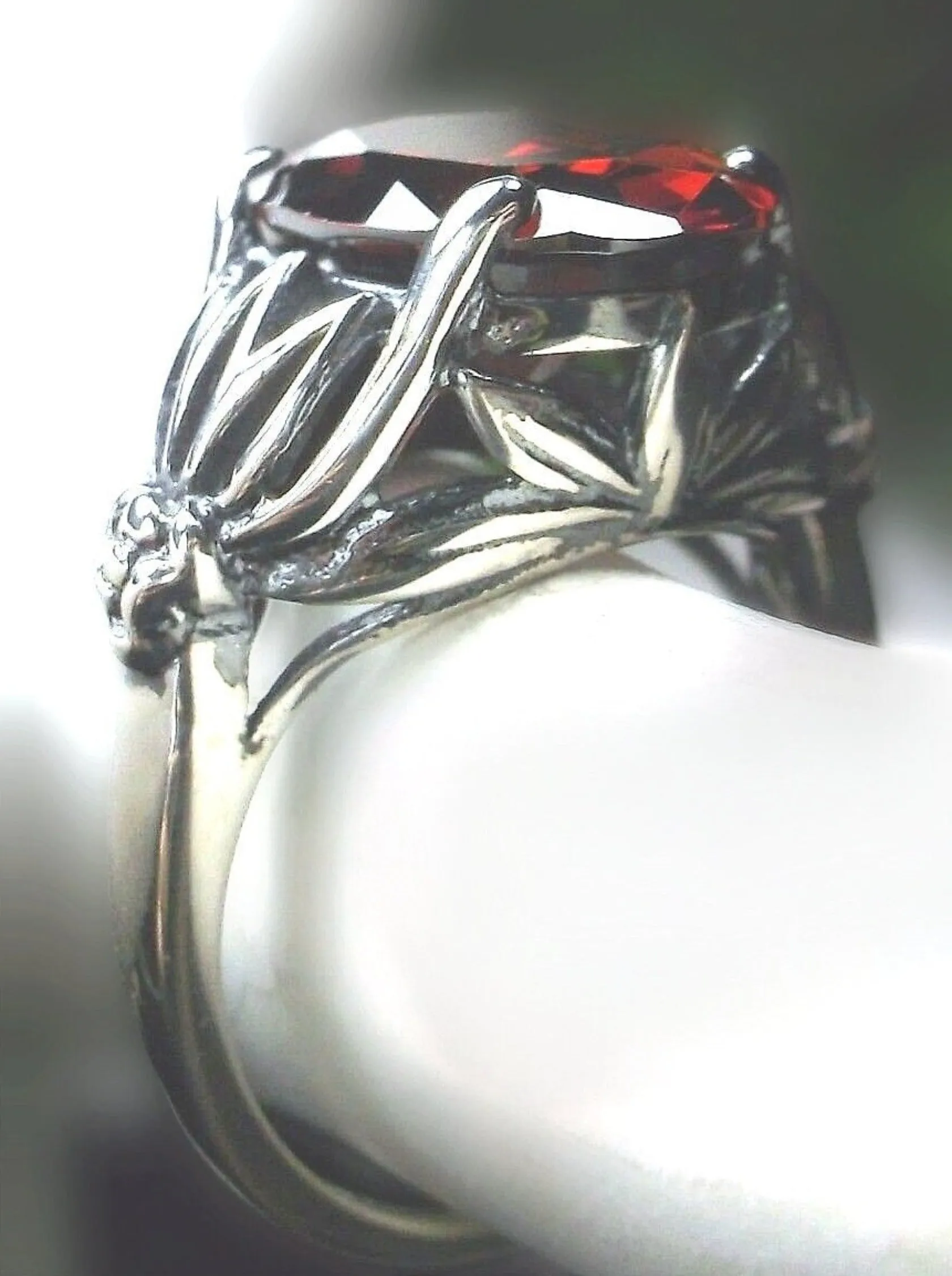Natural Garnet Ring in Sterling Silver, Oval Cut Gem, Leaf Filigree - Gothic Fine Jewelry D122