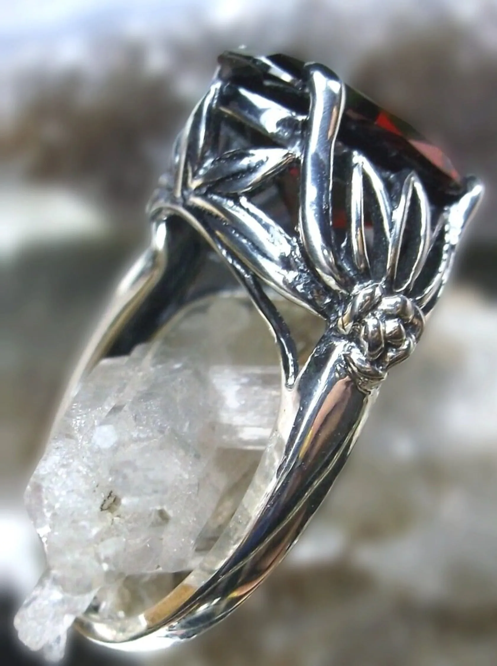 Natural Garnet Ring in Sterling Silver, Oval Cut Gem, Leaf Filigree - Gothic Fine Jewelry D122