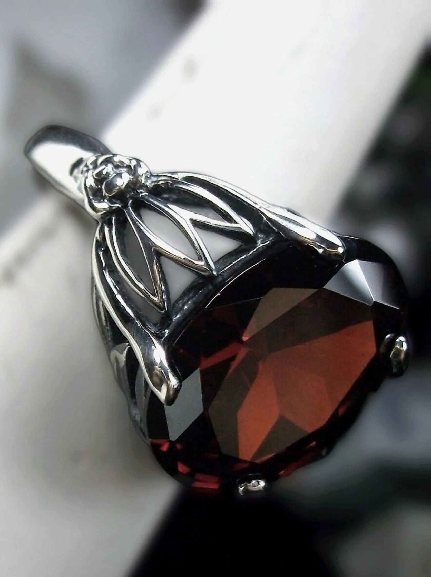 Natural Garnet Ring in Sterling Silver, Oval Cut Gem, Leaf Filigree - Gothic Fine Jewelry D122