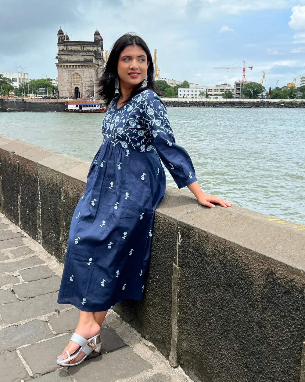 Navy Blue Boho Embroidered Midi Dress
