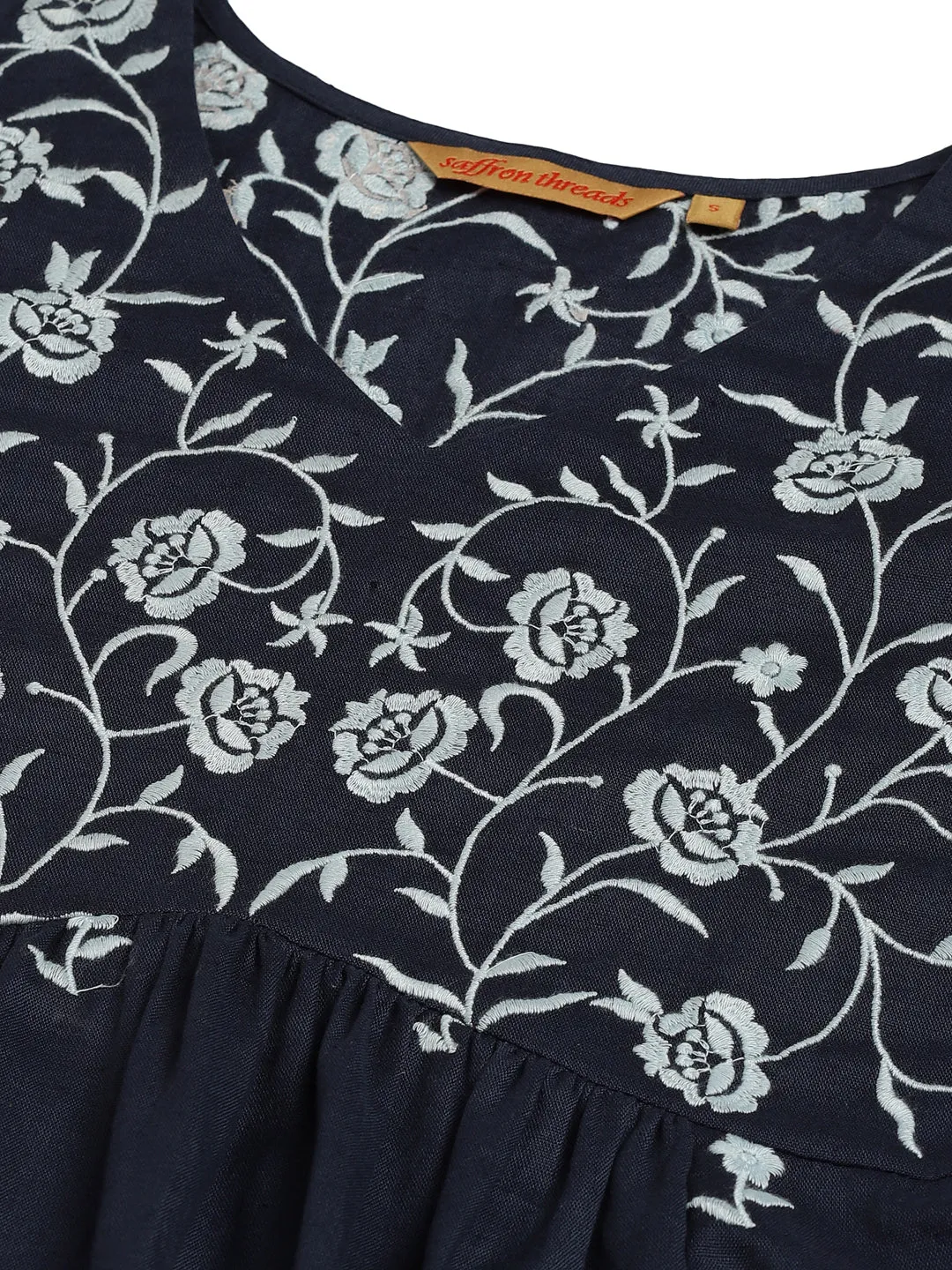 Navy Blue Boho Embroidered Midi Dress