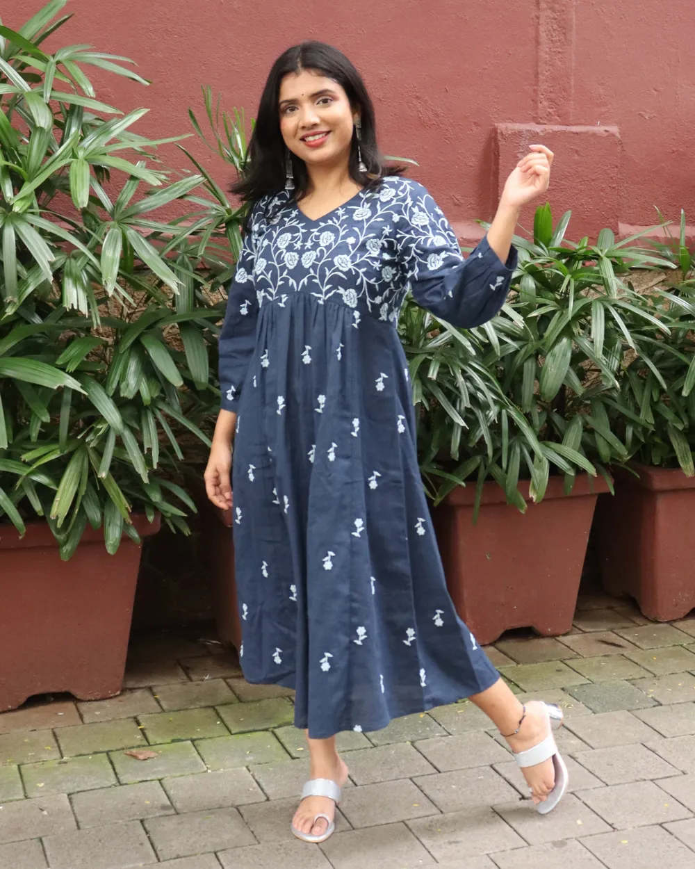 Navy Blue Boho Embroidered Midi Dress