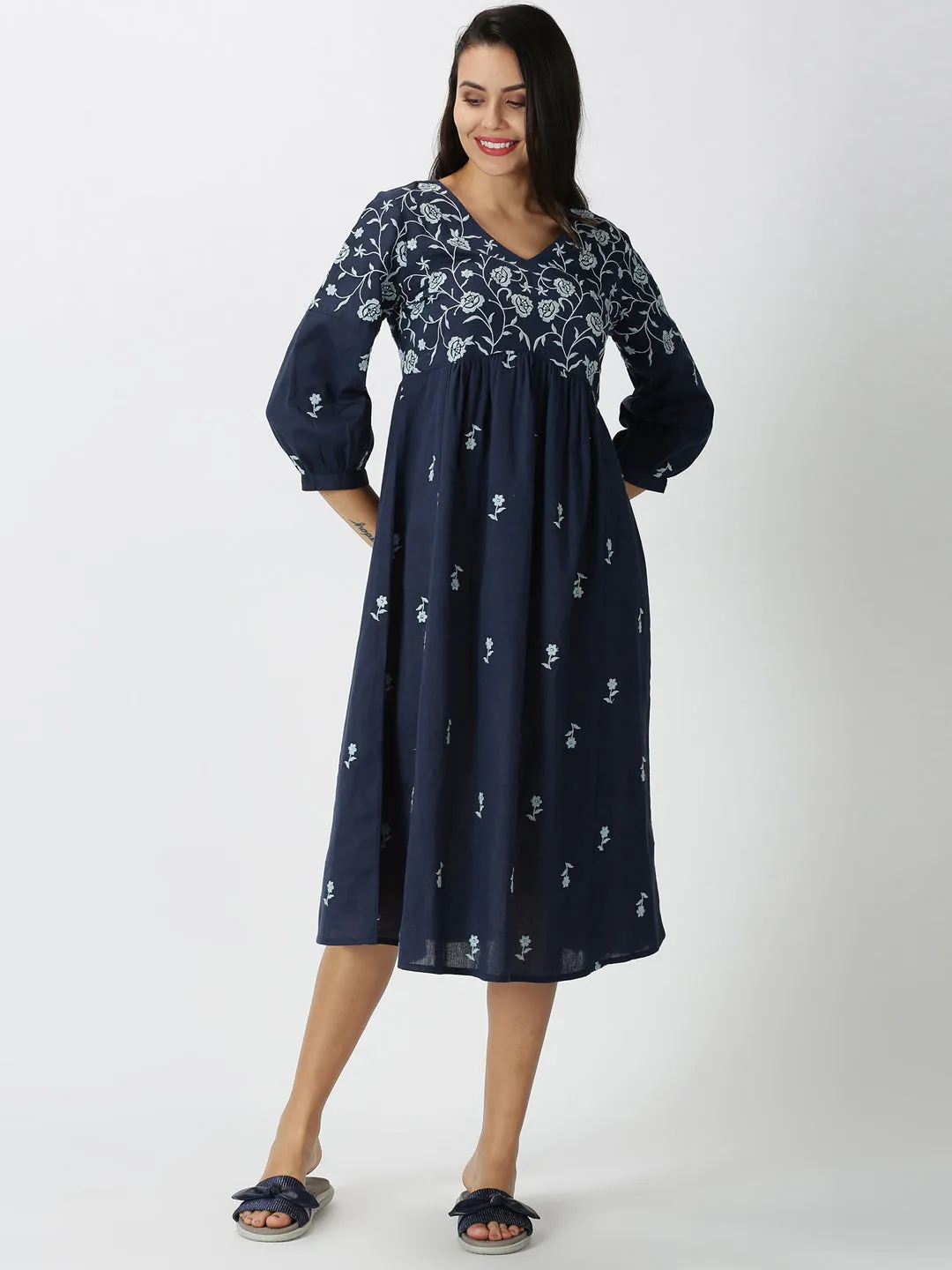 Navy Blue Boho Embroidered Midi Dress