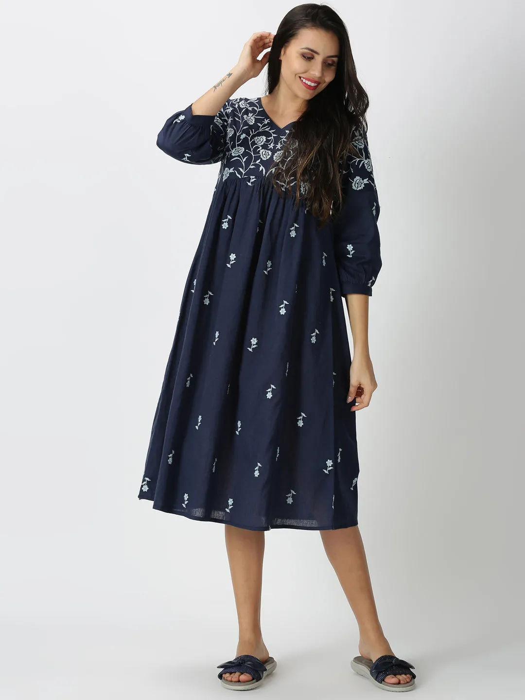 Navy Blue Boho Embroidered Midi Dress