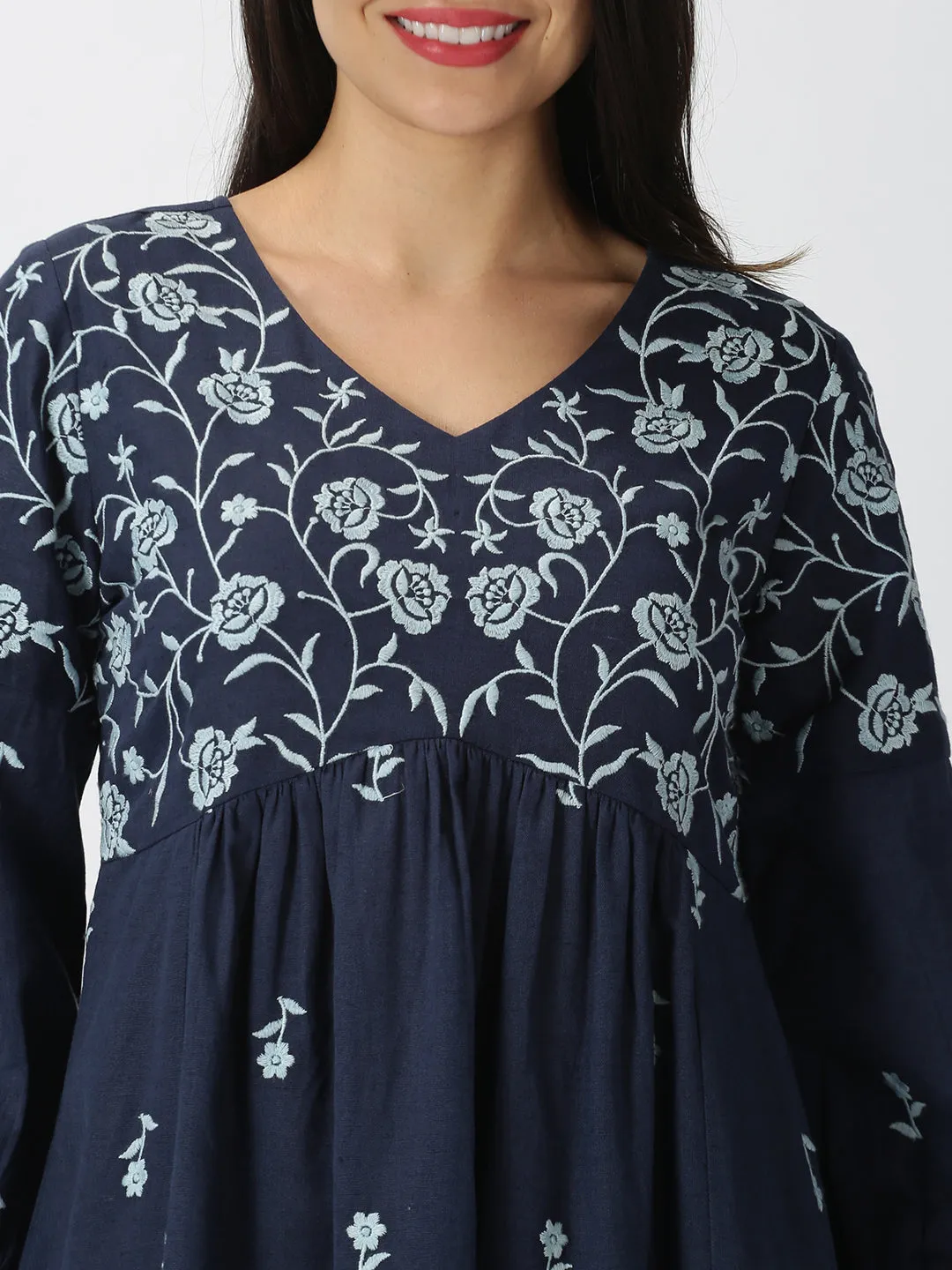 Navy Blue Boho Embroidered Midi Dress
