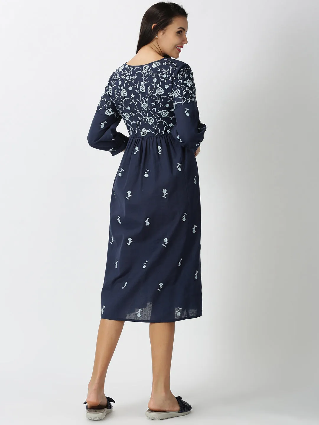 Navy Blue Boho Embroidered Midi Dress