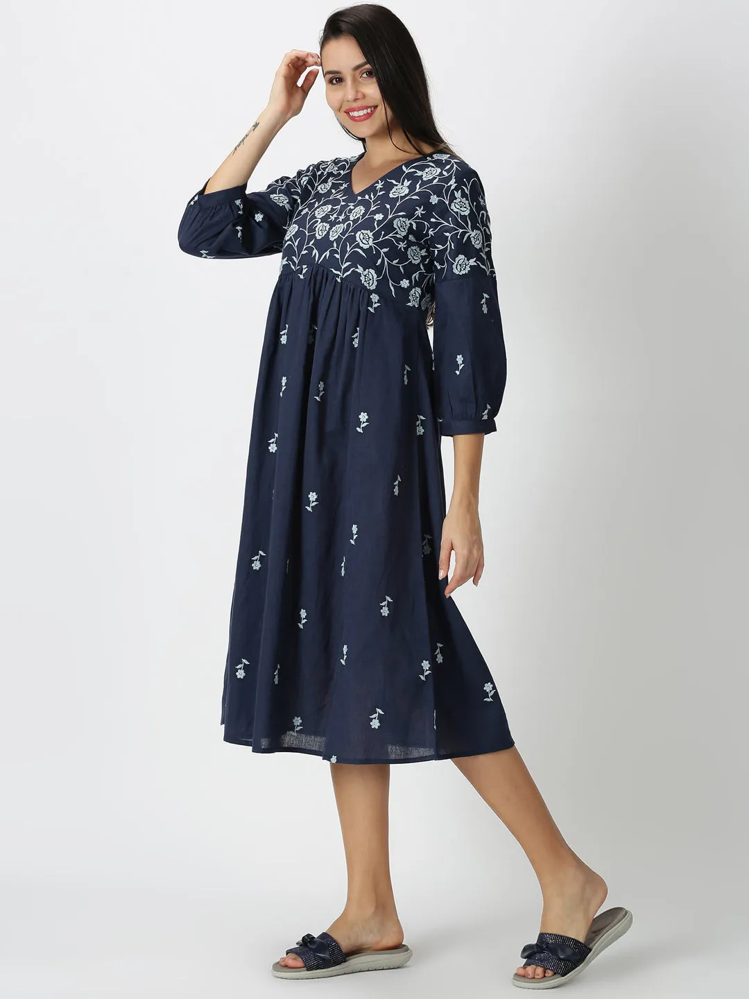 Navy Blue Boho Embroidered Midi Dress