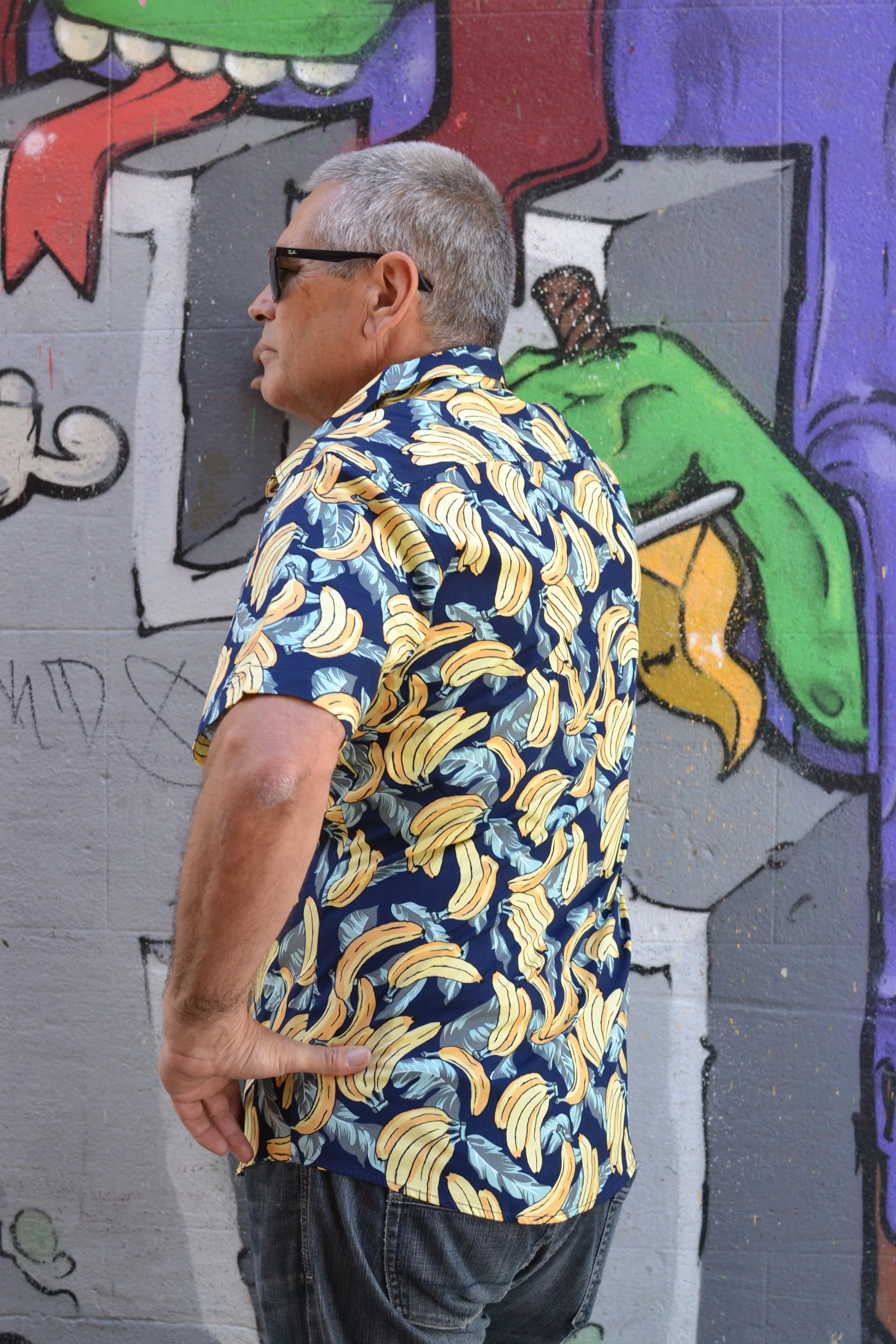 Navy Tropical Banana Print Botton Down
