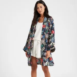 NEW Banana Republic Satin Short Robe Black Tropical Watercolor Zebra Print XS
