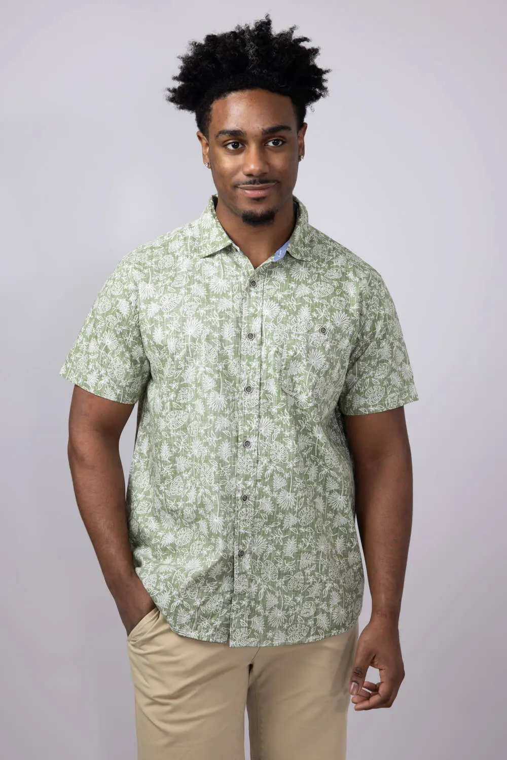 North River Reverse Print Tropical Button Shirt for Men in Green | NRM5345-GREEN