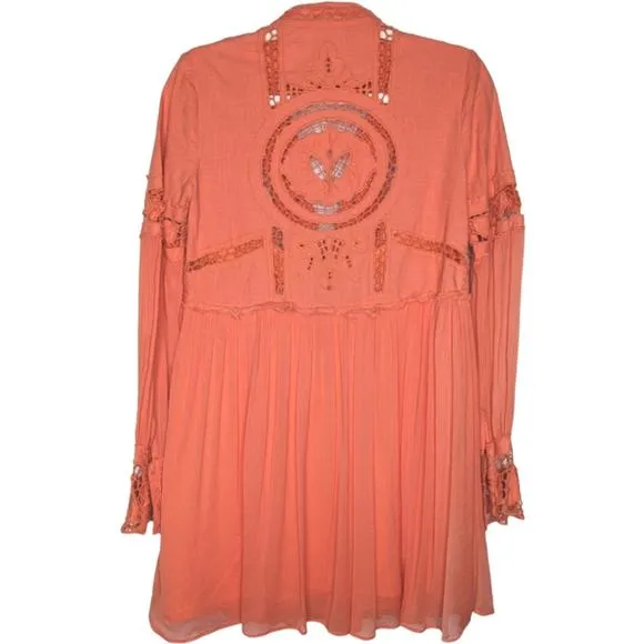 NWOT Free People In Dreamland Embroidered odice Chiffon Skirt Boho Coral Dress