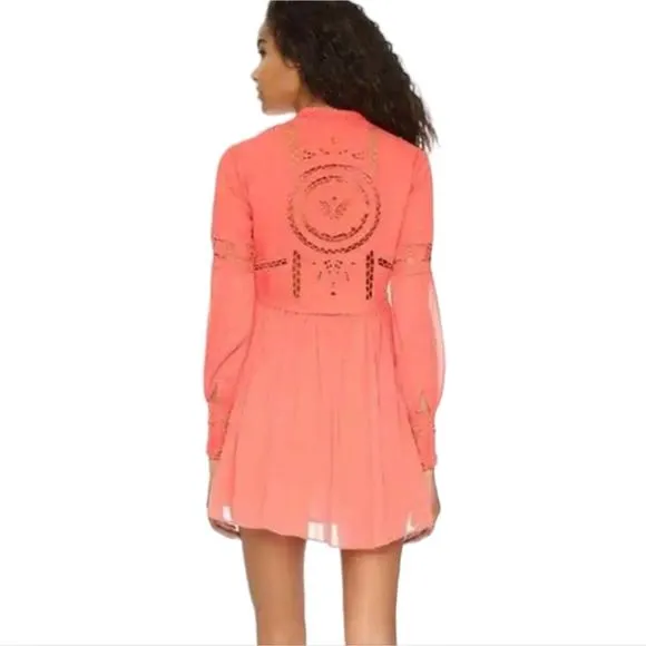 NWOT Free People In Dreamland Embroidered odice Chiffon Skirt Boho Coral Dress