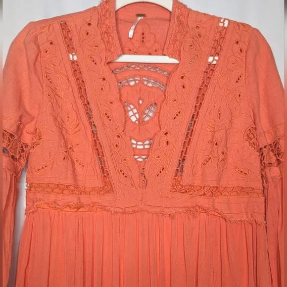 NWOT Free People In Dreamland Embroidered odice Chiffon Skirt Boho Coral Dress