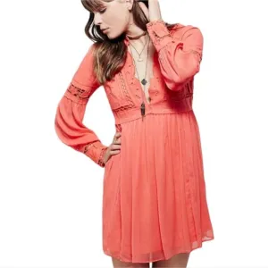 NWOT Free People In Dreamland Embroidered odice Chiffon Skirt Boho Coral Dress