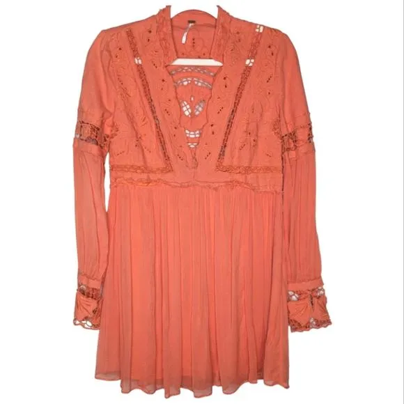 NWOT Free People In Dreamland Embroidered odice Chiffon Skirt Boho Coral Dress