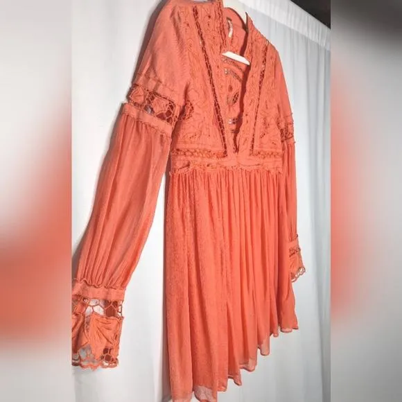 NWOT Free People In Dreamland Embroidered odice Chiffon Skirt Boho Coral Dress