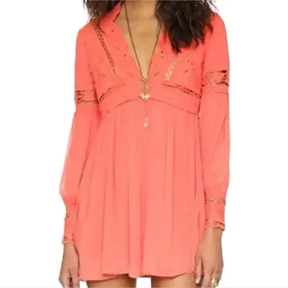 NWOT Free People In Dreamland Embroidered odice Chiffon Skirt Boho Coral Dress