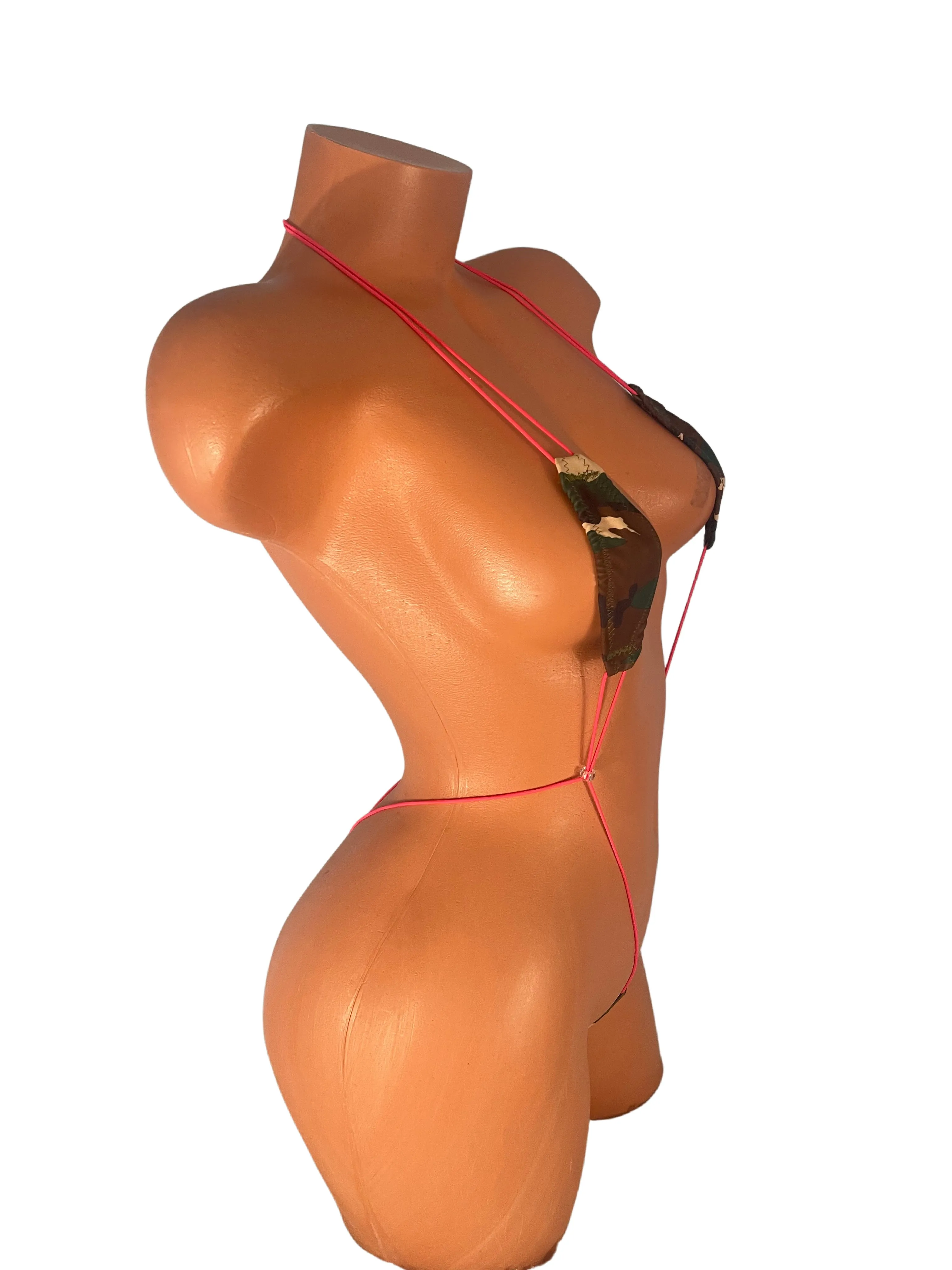Nylon Army Green Camouflage Slingshot Bikini Neon  Pink String