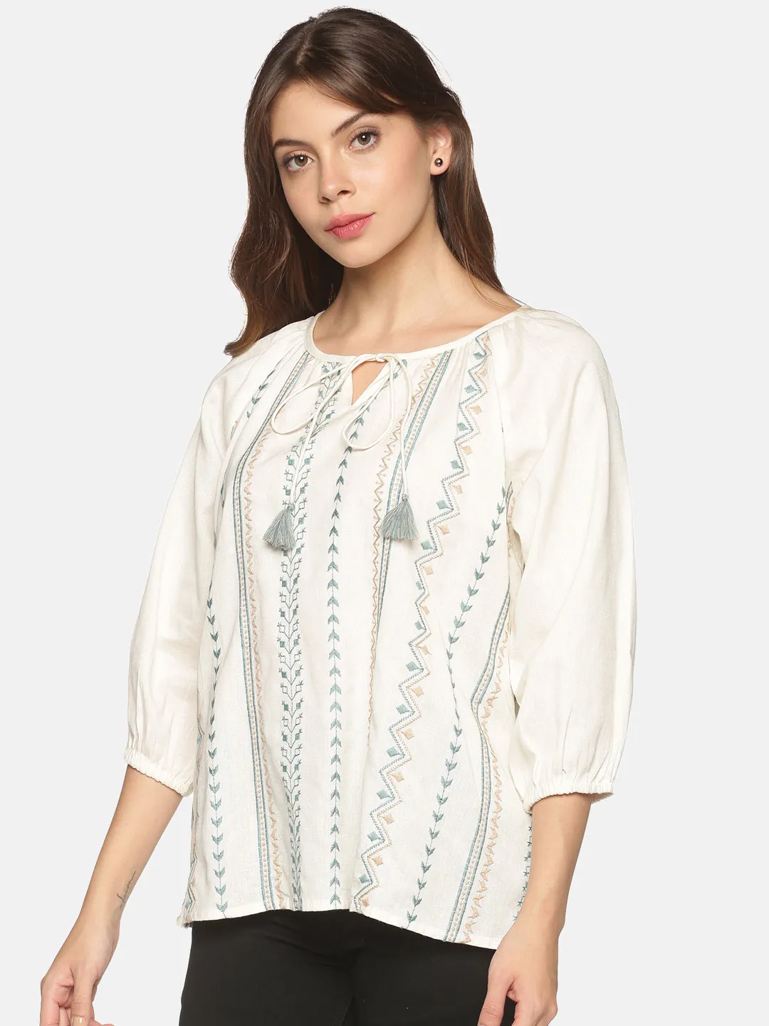 Off White-Blue Cotton Flax Bohemian Tie-up Neck Top with Puff Sleeves