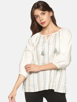 Off White-Blue Cotton Flax Bohemian Tie-up Neck Top with Puff Sleeves