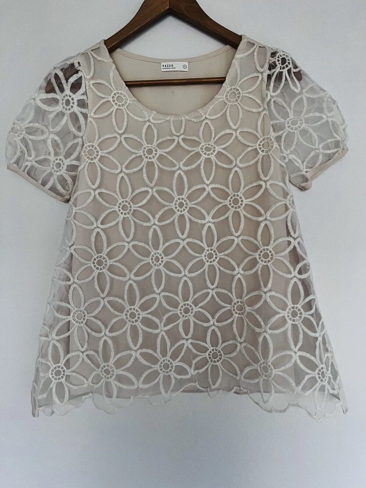 PAZZO Floral Crochet Lace Overlay Blouse Ivory Sz S Short Puff Sleeves Boho Top
