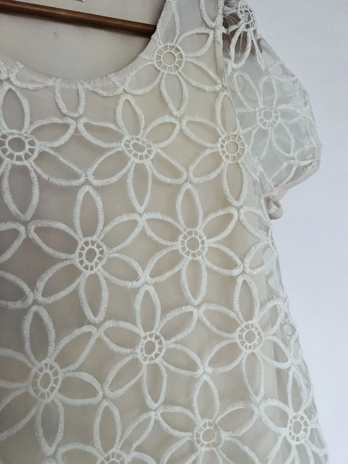 PAZZO Floral Crochet Lace Overlay Blouse Ivory Sz S Short Puff Sleeves Boho Top
