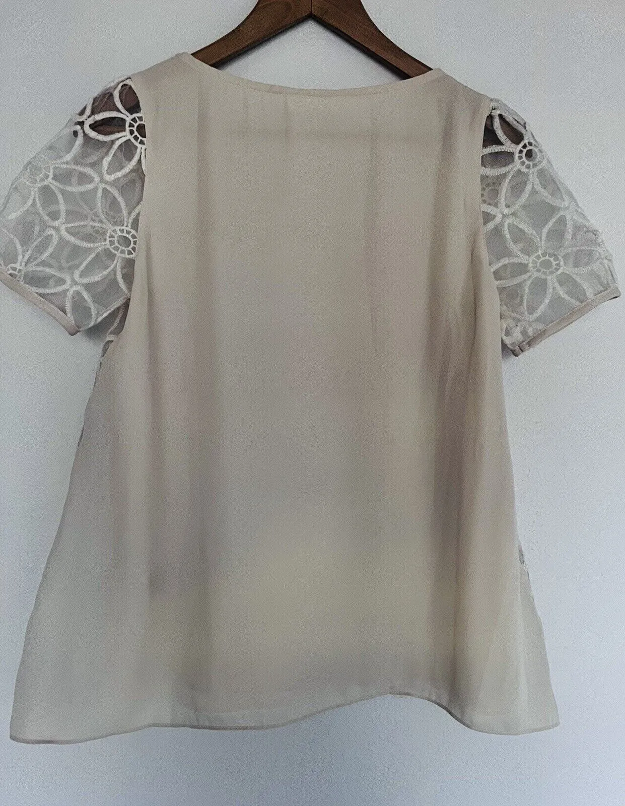 PAZZO Floral Crochet Lace Overlay Blouse Ivory Sz S Short Puff Sleeves Boho Top