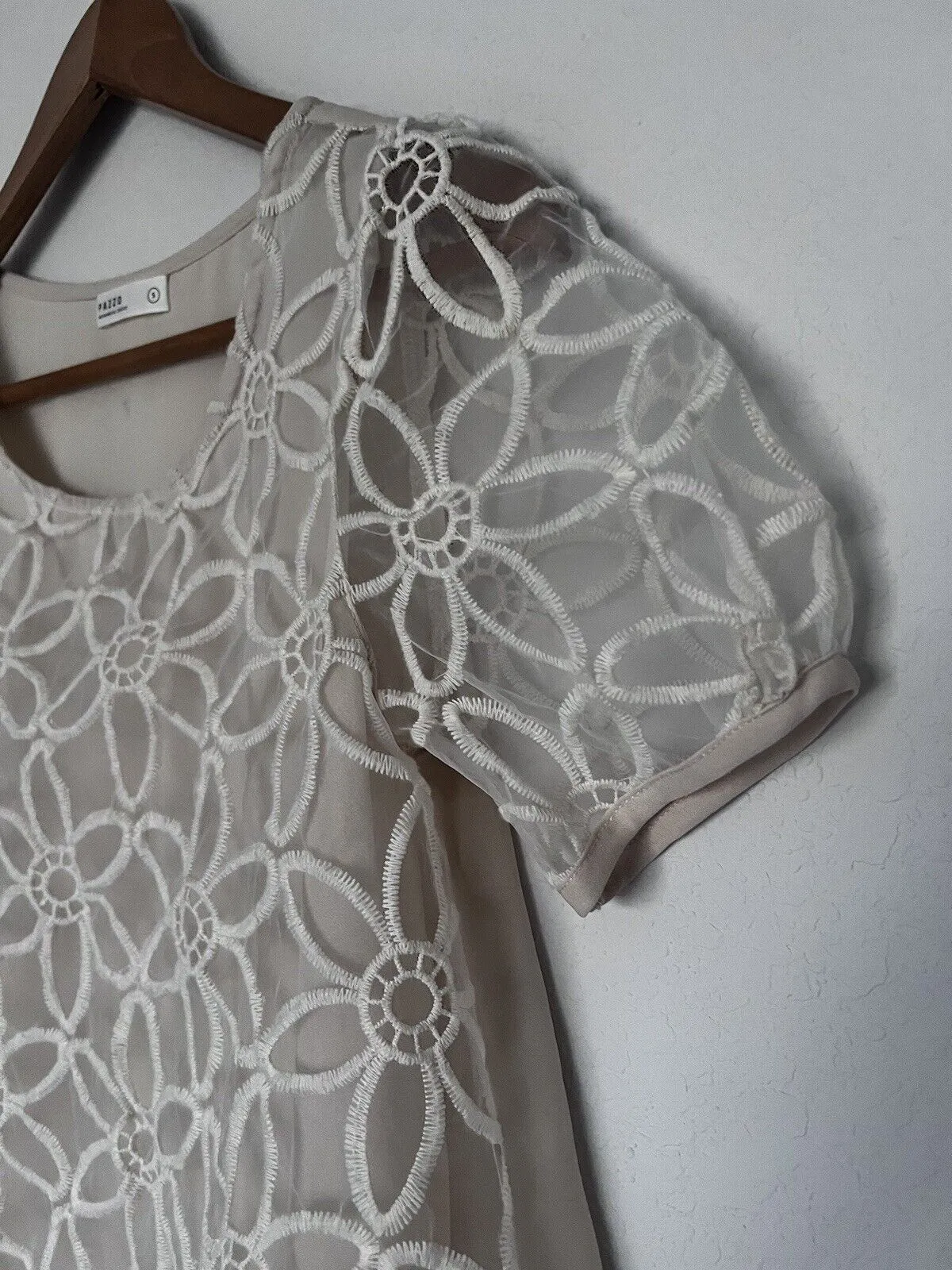 PAZZO Floral Crochet Lace Overlay Blouse Ivory Sz S Short Puff Sleeves Boho Top