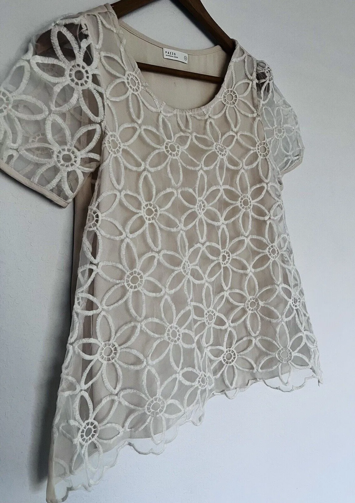 PAZZO Floral Crochet Lace Overlay Blouse Ivory Sz S Short Puff Sleeves Boho Top