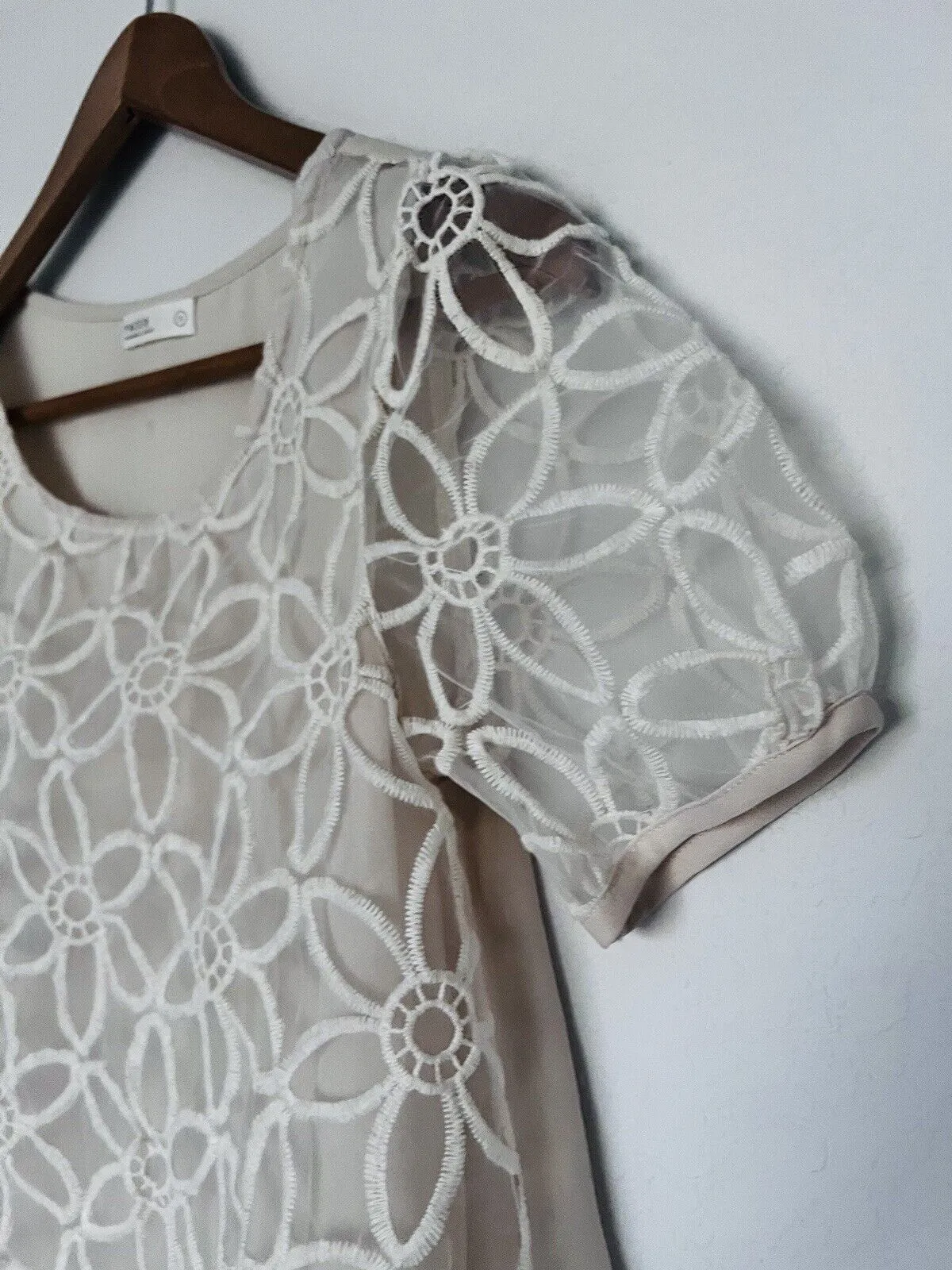 PAZZO Floral Crochet Lace Overlay Blouse Ivory Sz S Short Puff Sleeves Boho Top