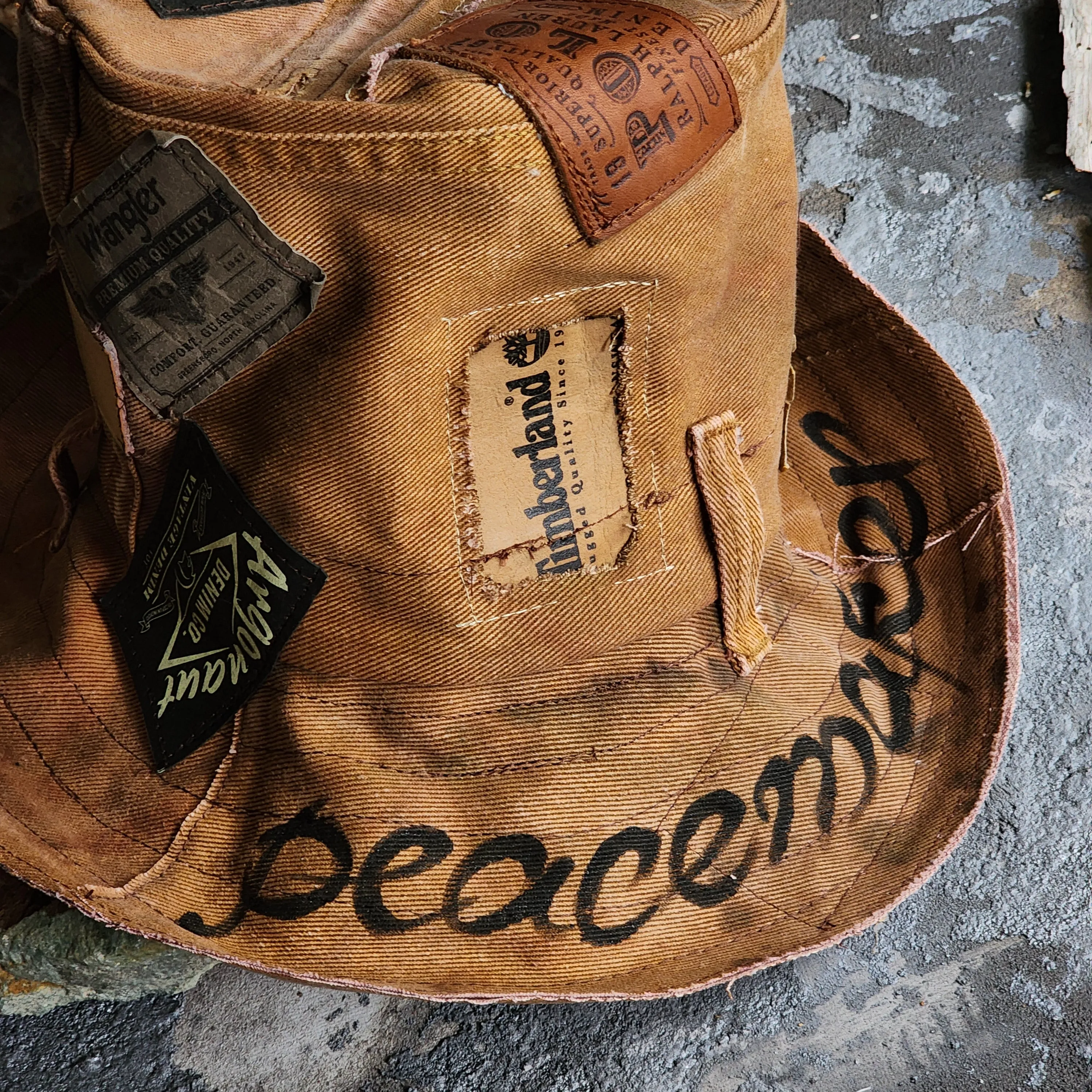 PEACEMAKER / Designer Hat Ripped Patchwork Floppy Top Hat Upcycled Recycled Eco-sustainable
