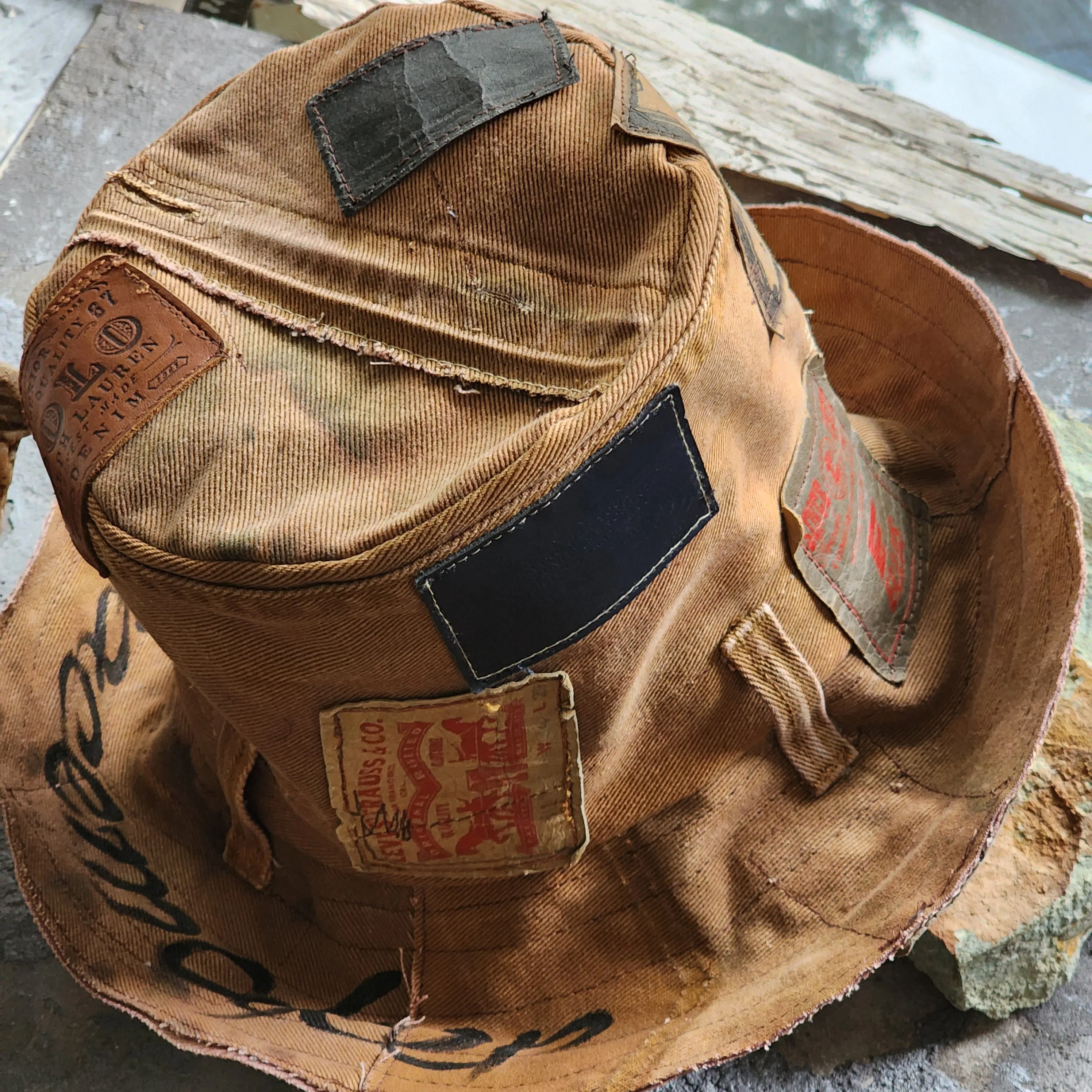 PEACEMAKER / Designer Hat Ripped Patchwork Floppy Top Hat Upcycled Recycled Eco-sustainable
