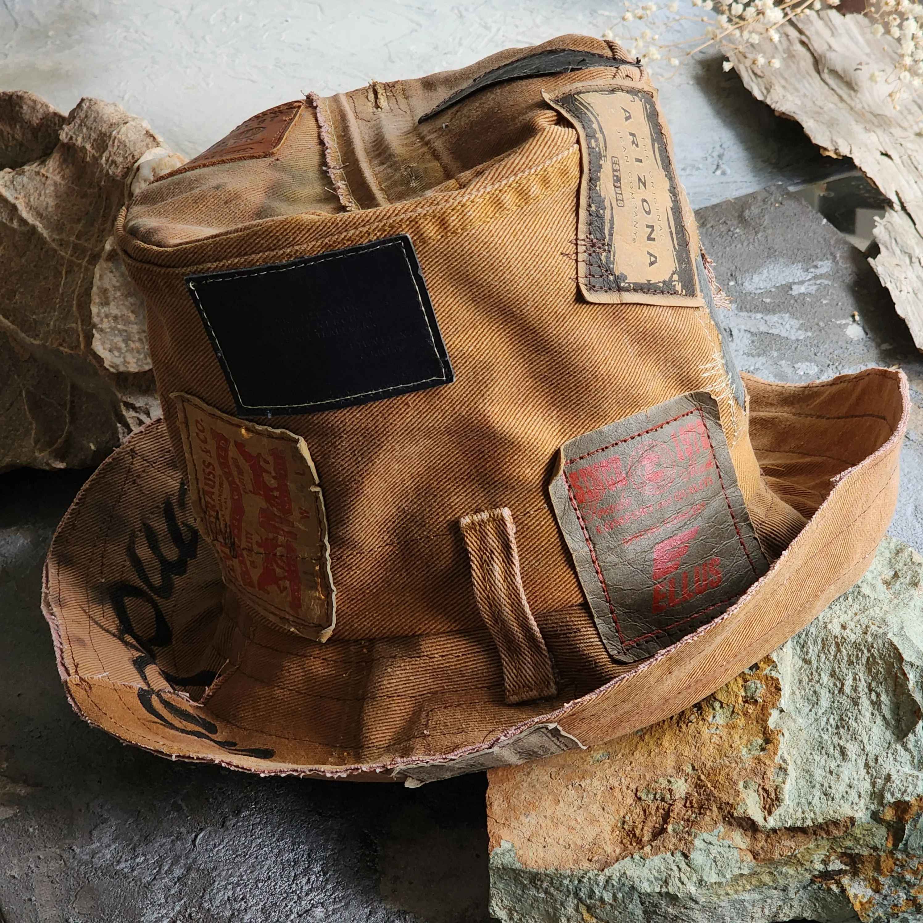 PEACEMAKER / Designer Hat Ripped Patchwork Floppy Top Hat Upcycled Recycled Eco-sustainable