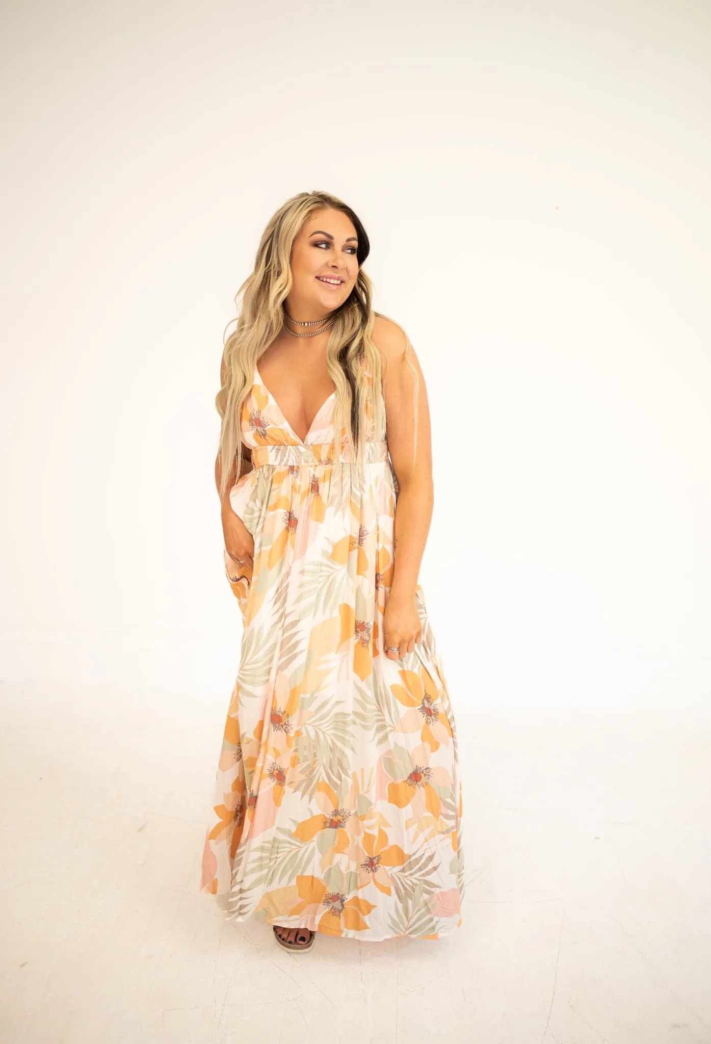 Peach Combo Tropical Floral Print Maxi
