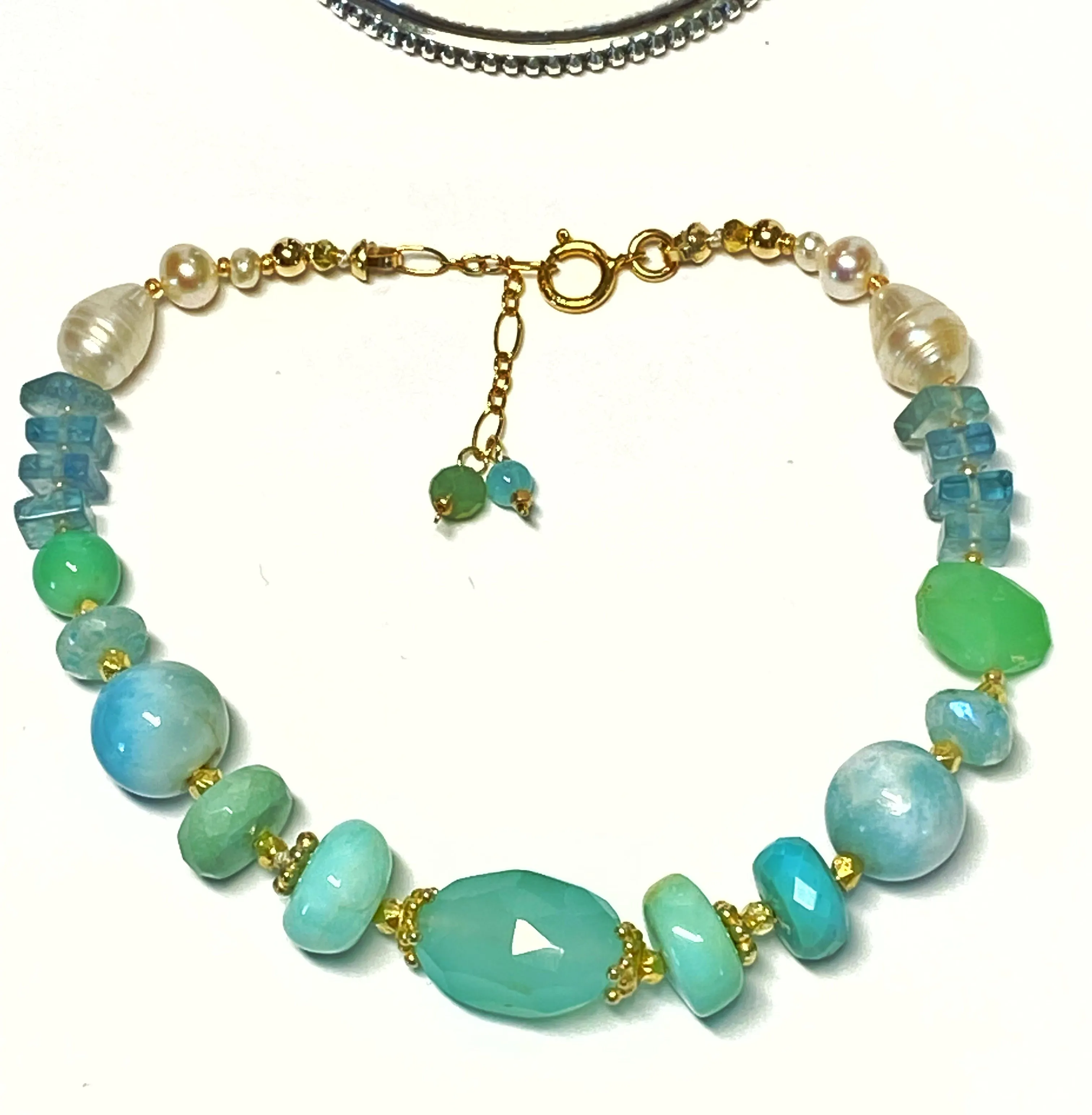 Pearl and Gem Bracelet Coastal Grandmother, Aqua Chalcedony, Larimar Bracelet