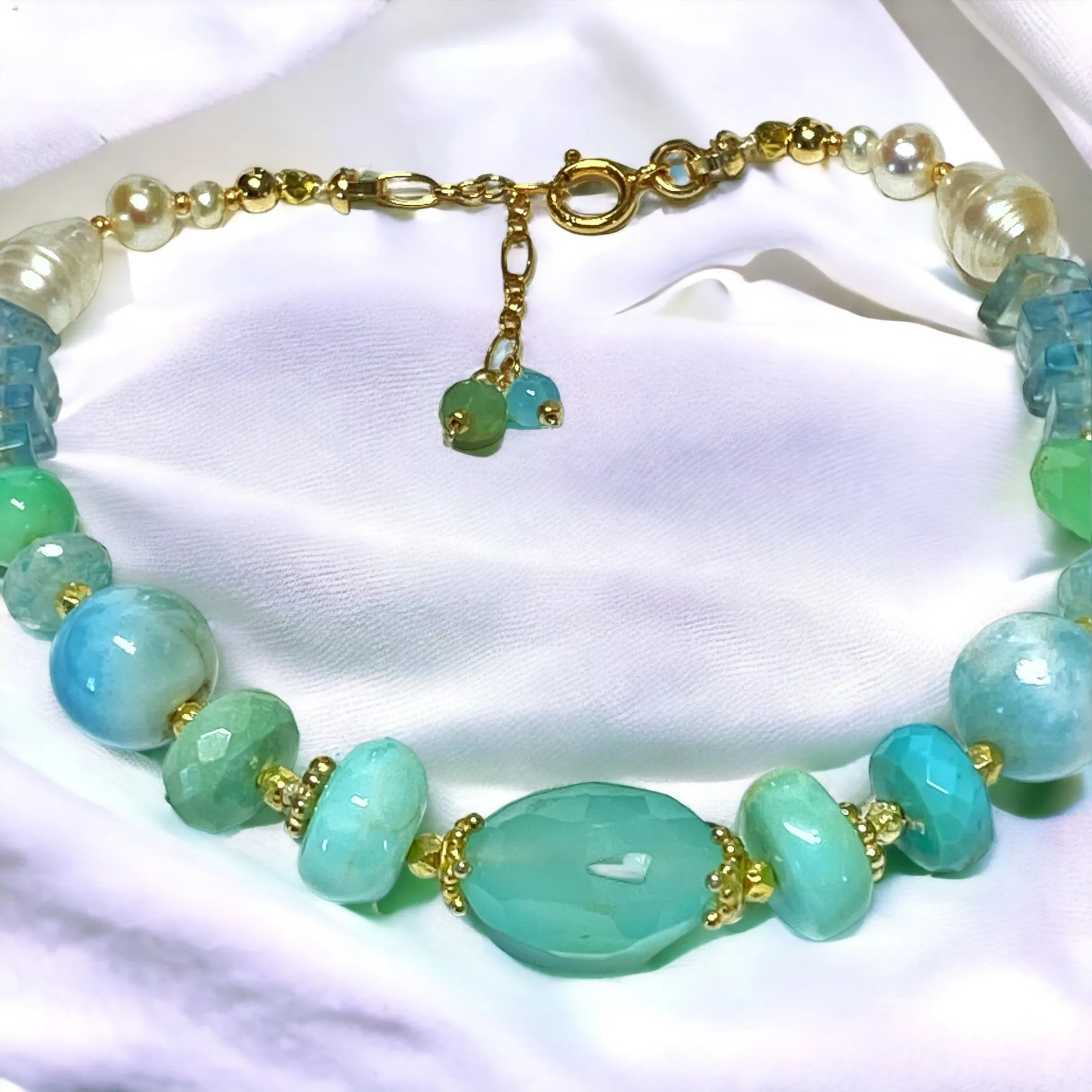 Pearl and Gem Bracelet Coastal Grandmother, Aqua Chalcedony, Larimar Bracelet