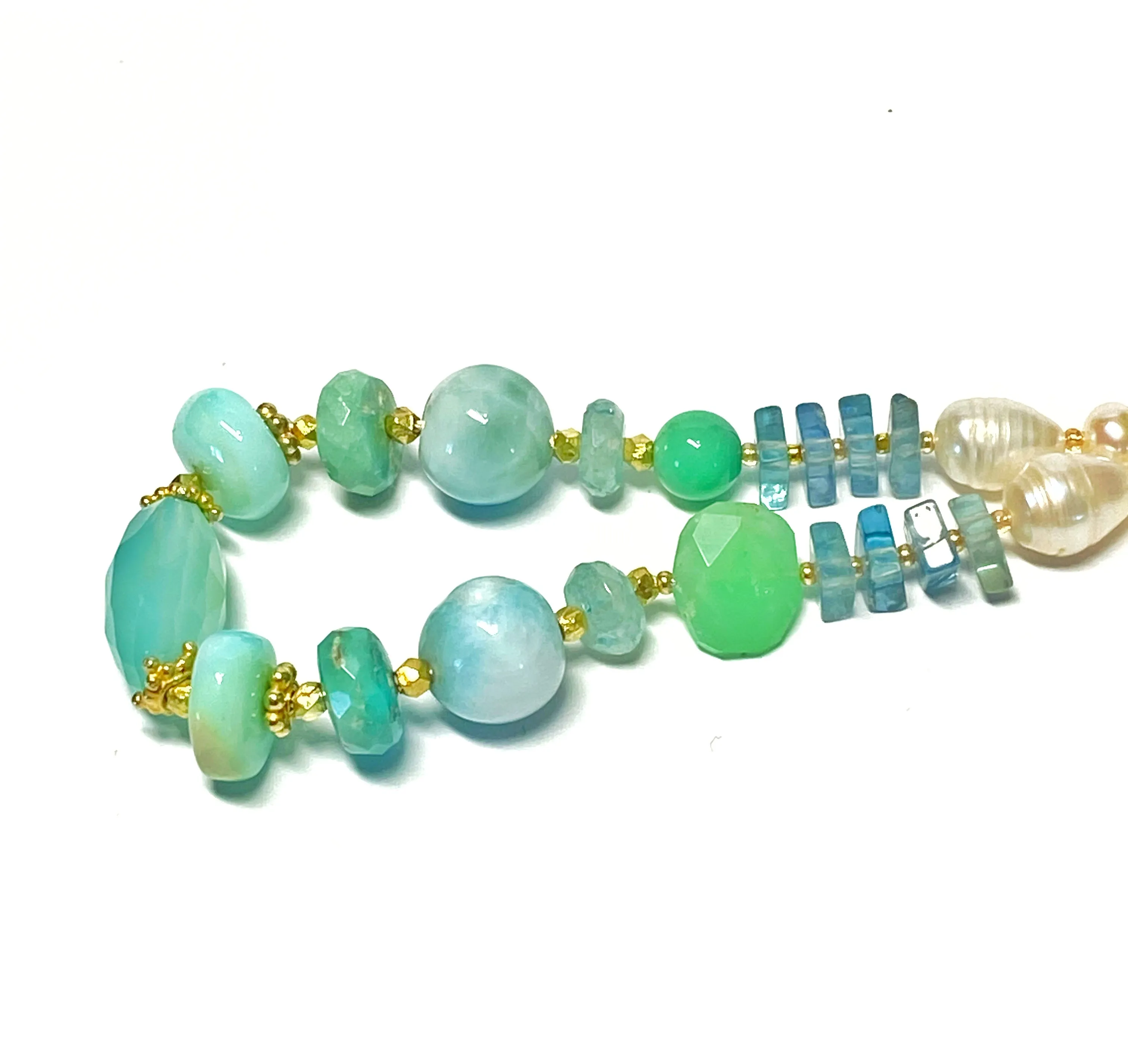 Pearl and Gem Bracelet Coastal Grandmother, Aqua Chalcedony, Larimar Bracelet
